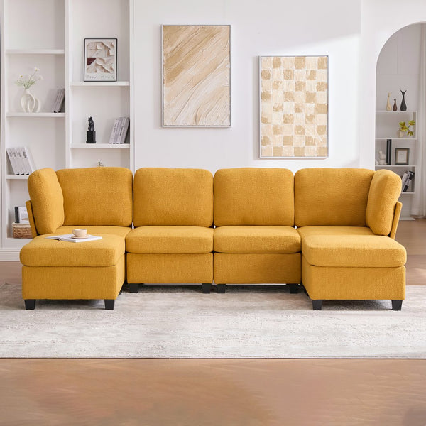 English Elm UNITED Modular 6-Seat Sectional Sofa with Removable Ottoman, Storage Compartments, Convertible Comfort Mustard yellow W1568S00247