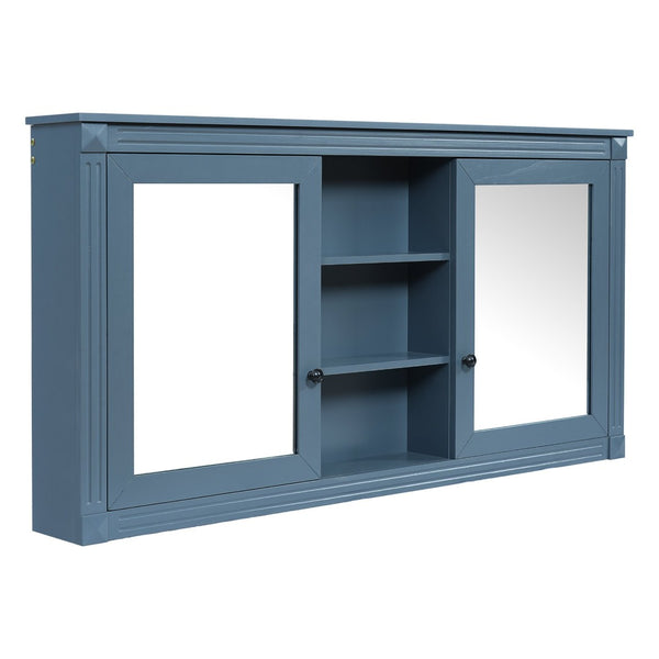 English Elm 55 Inch Wall Mount Medicine Cabinet Dual Mirrored Doors Soft Close Bathroom Vanity Storage Blue N710P401342C