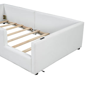 English Elm Twin Upholstered Platform Bed with Guardrail and Built-In Charging Station, Modern Sleek Design for Small Spaces White N709P186347K
