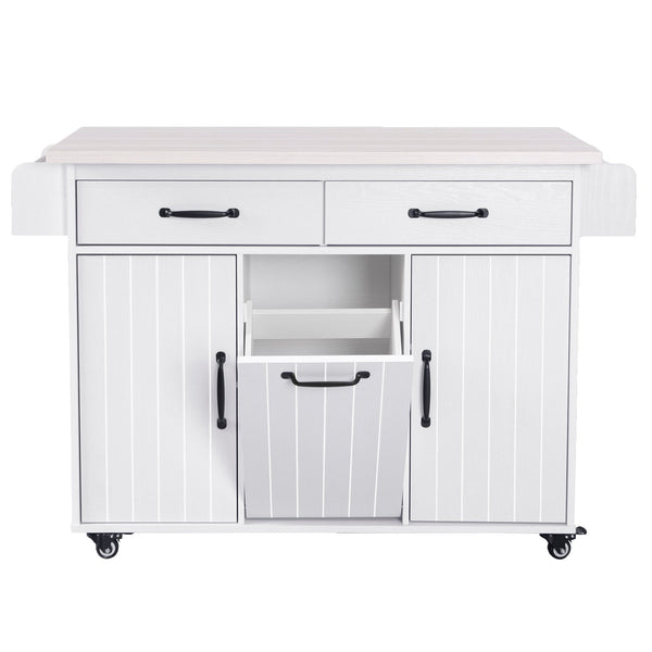 English Elm K&K Kitchen Island with Tilt-Out Trash Can, Drop Leaf Counter, Adjustable Shelf, Rolling Cart Ameican White Oak WF326381AAW
