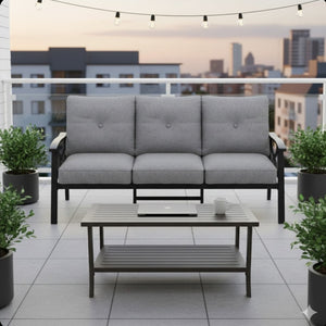 English Elm 2 Piece Outdoor Steel Sofa Set with Coffee Table Powder Coated for All Weather Patios Black+ Gray B082P455153