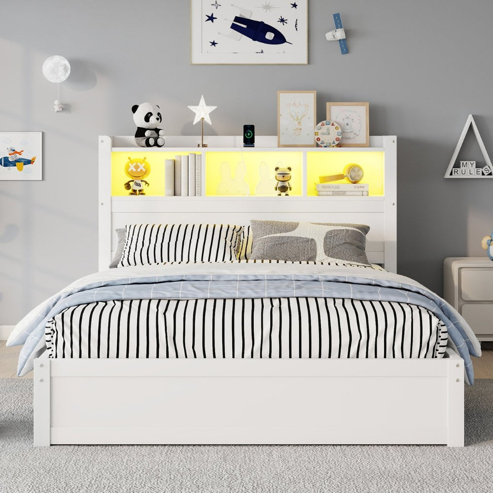 English Elm Twin Wood Storage Bed with Led Headboard Drawers and Pull Out Cabinet for Kids White W2593S00050