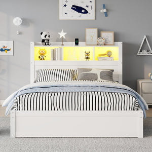 English Elm Twin Wood Storage Bed with Led Headboard Drawers and Pull Out Cabinet for Kids White W2593S00050
