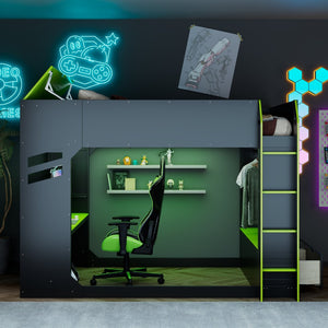 English Elm Full Size Loft Bed with Rgb Lighting Desk Drawers Hanging Rod Teen Bedroom Green LT000288AAF-1