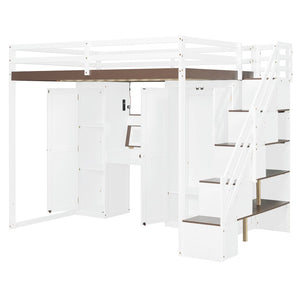 English Elm Full Size Teen Loft Bed with Wardrobe Staircase Storage Dressing Table and Led Lights LT000276AAP