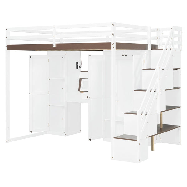 English Elm Full Size Teen Loft Bed with Wardrobe Staircase Storage Dressing Table and Led Lights LT000276AAP