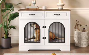 English Elm 43.3" Farmhouse Mdf Dog Crate Console with Drawers and Rotating Bowls for Large Breeds N704P414598A