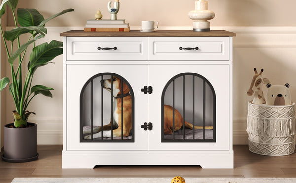 English Elm 43.3" Farmhouse Mdf Dog Crate Console with Drawers and Rotating Bowls for Large Breeds N704P414598A