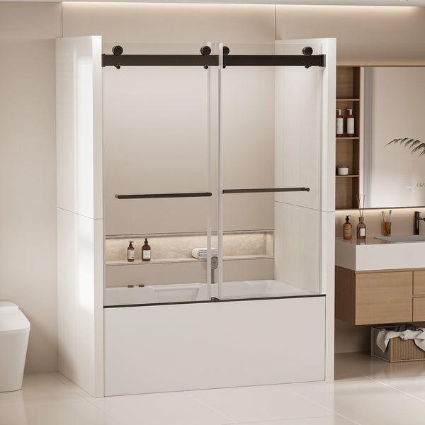 English Elm 56-60 in Frameless Bypass Tub Shower Door Soft Close Tempered Glass Brushed Nickel W1920P385333