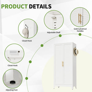 English Elm White Steel Freestanding Wardrobe Cabinet with Rod and Shelves for Dorm or Apartment T2398P480394