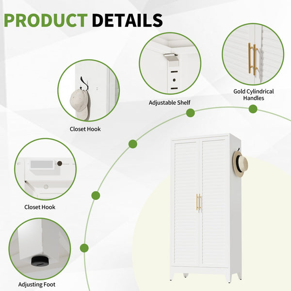 English Elm White Steel Freestanding Wardrobe Cabinet with Rod and Shelves for Dorm or Apartment T2398P480394