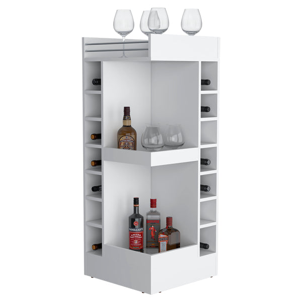 English Elm FM Corner Bar Cabinet with 8-Bottle Rack, Open Display Shelves and Hidden Storage for Home Entertaining White 51.2 L x 23.2 W x 4.7 H B128P269882