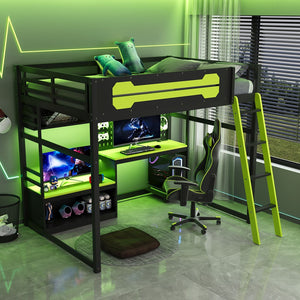 English Elm Full Size Gaming Loft Bed with Built-in Desk Led Lighting Usb Ports and Pegboard Black+Green LT000270AAG