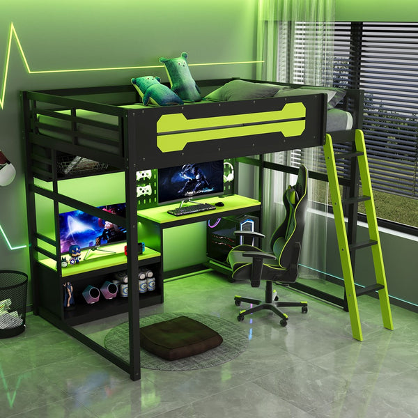 English Elm Full Size Gaming Loft Bed with Built-in Desk Led Lighting Usb Ports and Pegboard Black+Green LT000270AAG