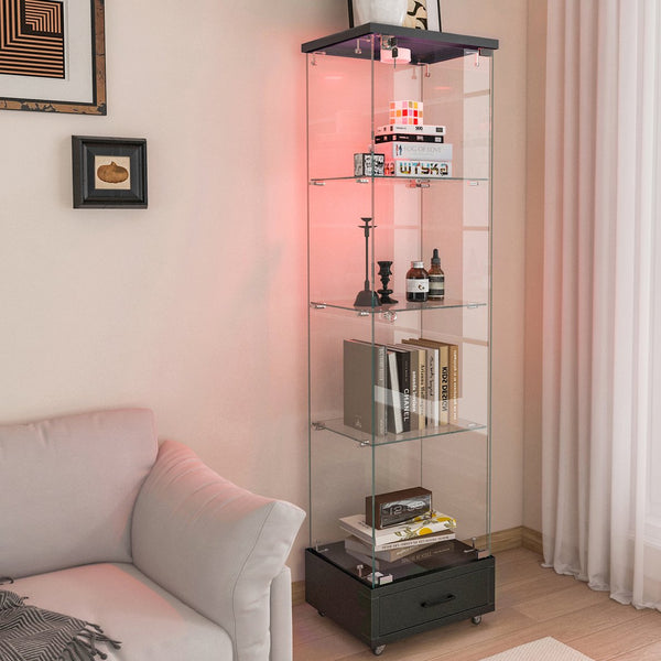 English Elm Modern Glass Display Cabinet With Led Lights - Stylish 4-Shelf Storage For Collectibles & Decor W241P268241