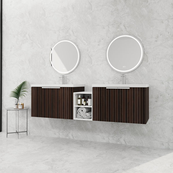 English Elm 72 Inch Soft Close Vanity with Resin Sink & Small Shelves, Wall-Mounted 72" Dual-Door Storage, Eco Plywood Finish W999S00261