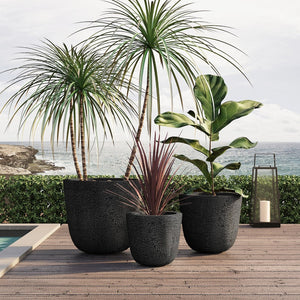 English Elm U_style Mgo Round Planters Set of Three Crackle Stone Texture Patio Garden Pots Black N711P406660B