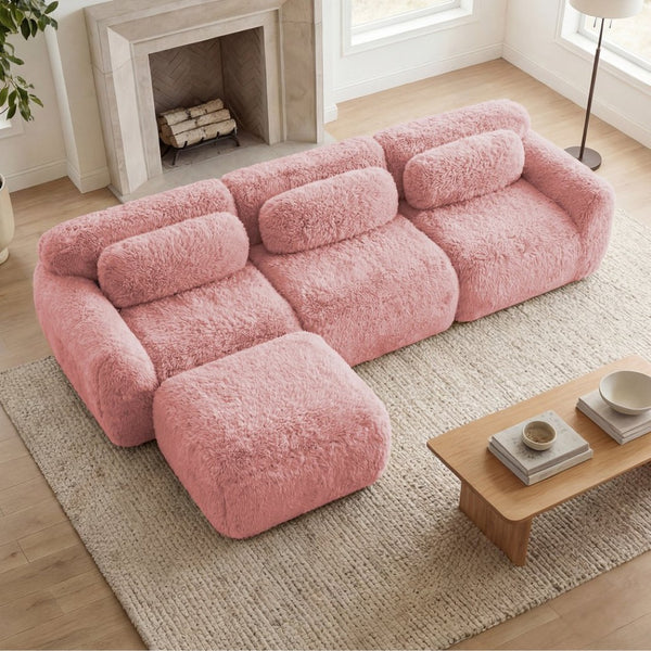 English Elm L-shaped Plush Modular Sectional Sofa with Ottoman and High Resilience Foam Seating Pink W714S01559