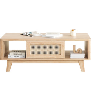 English Elm Coffee Mid Century Storage Coffee Table with Rattan Drawer, Solid Wood Legs, Durable 110lb Capacity Natural T3623P380679