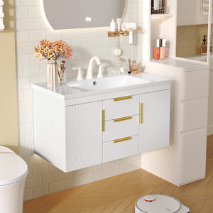 English Elm 36'' Wall Mounted Bathroom Vanity with Sink, Floating MDF Cabinet, 2 Drawers, Rust-Resistant Handles White N710P253035K