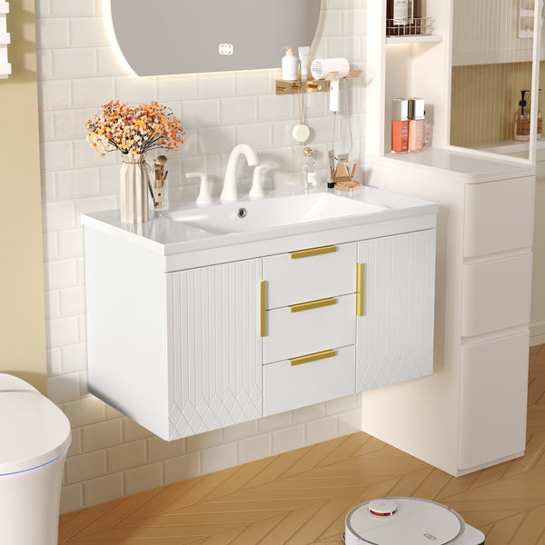 English Elm 36'' Wall Mounted Bathroom Vanity with Sink, Floating MDF Cabinet, 2 Drawers, Rust-Resistant Handles White N710P253035K