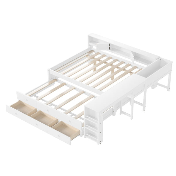 English Elm Twin Daybed Pine Frame with Trundle Desk Hutch Shelves and Storage for Kids Rooms White W1580S00461