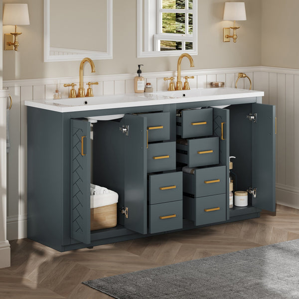 English Elm 60'' Bathroom Vanity Set With Elegant Ceramic Sink, Solid Wood Frame & Ample Storage For Modern Spaces N710SS00002C