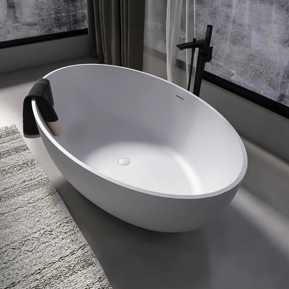 English Elm 67 Inch Freestanding Solid Surface Soaking Tub Matte White Seamless Bathing Sanctuary W1613P355467