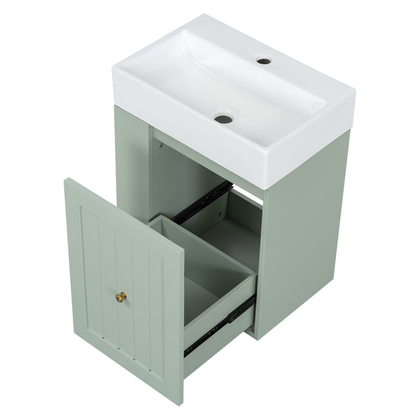 English Elm 20-Inch Compact Bathroom Vanity with Ceramic Sink, Wall-Mounted MDF Cabinet, Modern Space-Saver Design Green N725P314023F