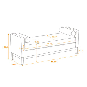 English Elm 66.34"W Elegant Upholstered Bench With Bolster Pillows For Stylish Bedroom, Living Room & Entryway W3188S00015