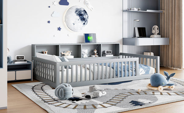 English Elm Wood Twin XL Floor Bed with Built-In Storage Cabinets, USB Charging Ports, Space-Saving Design Gray N709P205811E