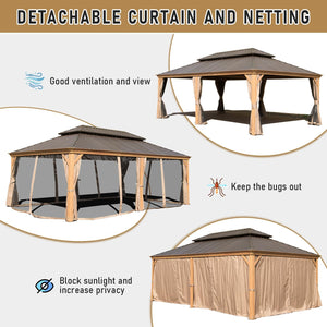English Elm 14x24FT Hardtop Gazebo Outdoor Pavilion with Galvanized Double Roof, Aluminum Frame, Built-In Gutter System, Curtains and Mesh for Patio Garden Yellow Brown W1859S00109