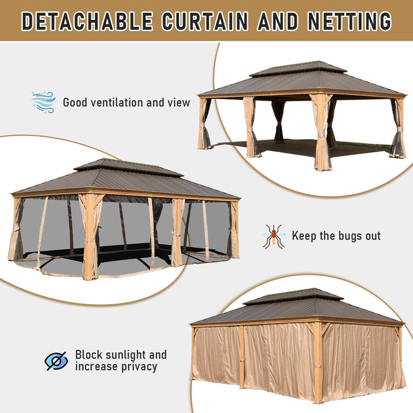 English Elm 14x24FT Hardtop Gazebo Outdoor Pavilion with Galvanized Double Roof, Aluminum Frame, Built-In Gutter System, Curtains and Mesh for Patio Garden Yellow Brown W1859S00109