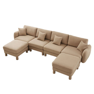 English Elm Boucle U-Shape Sectional Sofa - 4-Seater With Shell Armrests & Movable Ottomans In Coffee Color W3041S00289