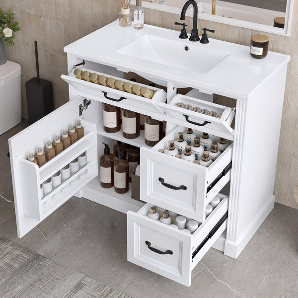 English Elm 36 Inch Bathroom Vanity With Sink – Modern Design, Soft-Close Drawers & Adjustable Storage Shelf, White Finish N725P336549K