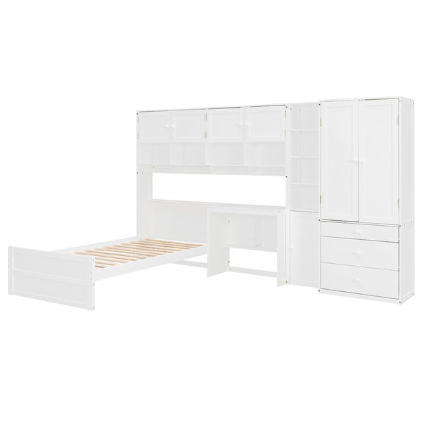 English Elm Wooden Twin Loft Bed with Built-in Desk Wardrobe Storage Drawers and Led Lighting N820S00069K