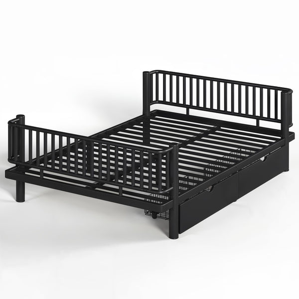 English Elm Queen Storage Platform Bed Low Profile Metal Frame with Built-in Drawers for Small Spaces Black W5305P471352