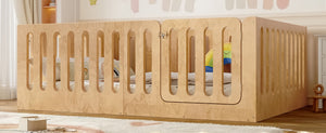 English Elm Twin Solid Pine Montessori Floor Bed with House Frame Door and Safety Fence Natural W5305P420636