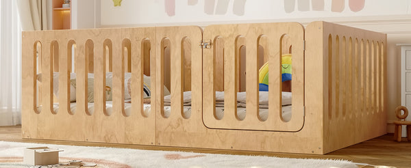 English Elm Twin Solid Pine Montessori Floor Bed with House Frame Door and Safety Fence Natural W5305P420636