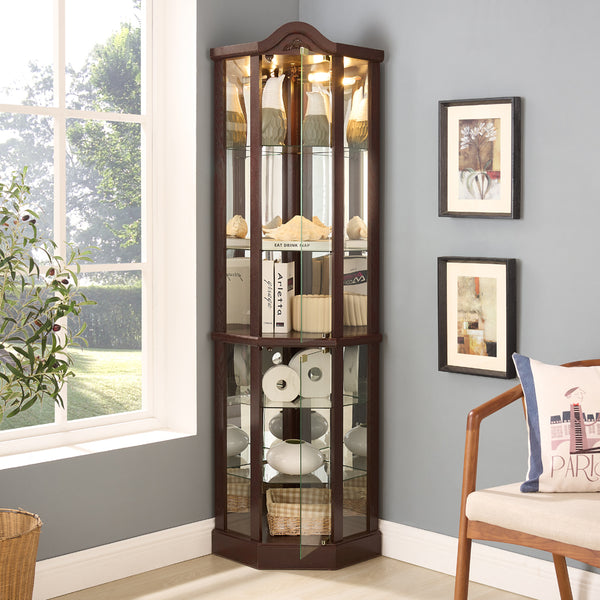 English Elm Lighted Corner Curio Cabinet With Adjustable Shelves, Carved Cherry Finish, Ideal For Home Display W1758P300127
