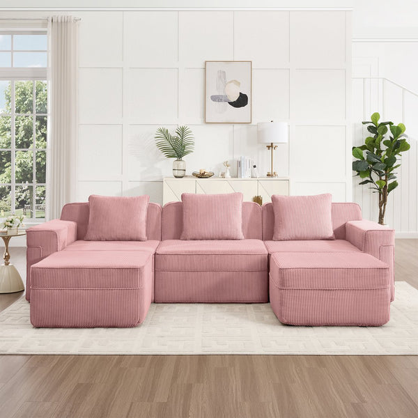 English Elm Modular 3-Seat U-Shape Sectional Sofa In Soft Pink Corduroy With Ottomans & Plush Throw Pillows W3041S00340