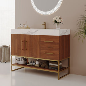 English Elm 36" Freestanding Bathroom Vanity Sintered Stone Top Integrated Basin Gold Hardware W3136S00057