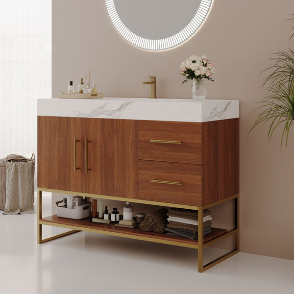 English Elm 36" Freestanding Bathroom Vanity Sintered Stone Top Integrated Basin Gold Hardware W3136S00057