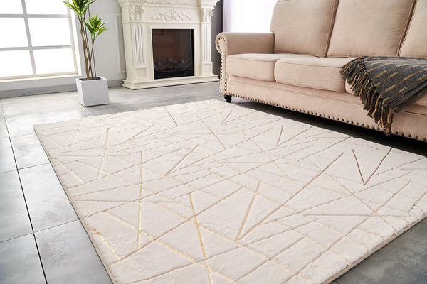 English Elm Luxury Machine Washable Faux Chinchilla Area Rug - Beige Geometric Design With Gold Accents B030P233692