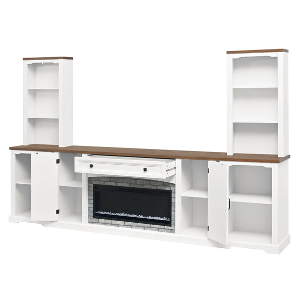 English Elm 3-piece Farmhouse Entertainment Center with Curved Cabinets Walnut Mdf Modular Living Room White N721S000072K