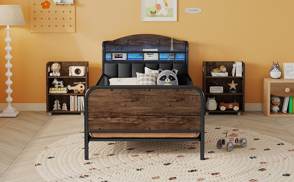 English Elm Twin Solid Wood Platform Bed with Guardrail for Kids, Low-Profile Sturdy Pine Frame, Safe Sleep Solution Black 45.87 L x 17.72 W x 11.22 H W2593P337457
