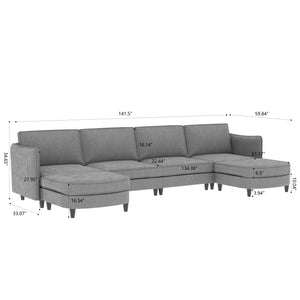 English Elm 141.5'' Spacious U-Shaped 6-Seater Sofa Couch With Movable Ottoman & Pockets – Modern Gray Fabric Comfort W680S00040