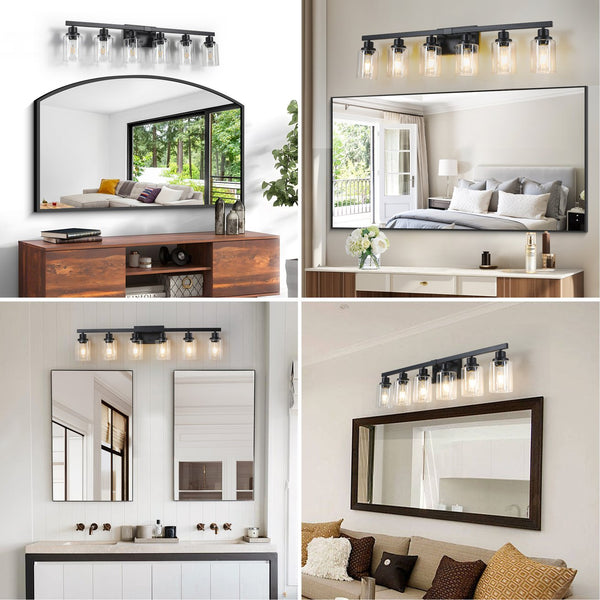 English Elm 37" Modern 6-Light Bathroom Vanity Light Fixture - Sleek Black Iron Frame With Clear Glass Shades W2312P374792