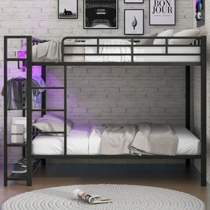 English Elm Full Size Metal Bunk Bed With Led Lighting, Storage Shelves & Hooks - Stylish Space Saver For Teens N7090000667B