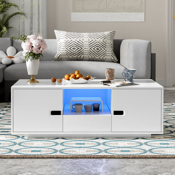 English Elm Vibe Modern High Gloss Rectangle Coffee Table With Storage & 16-Color Led Lights For Stylish Living Room N724P294656K-GIGA